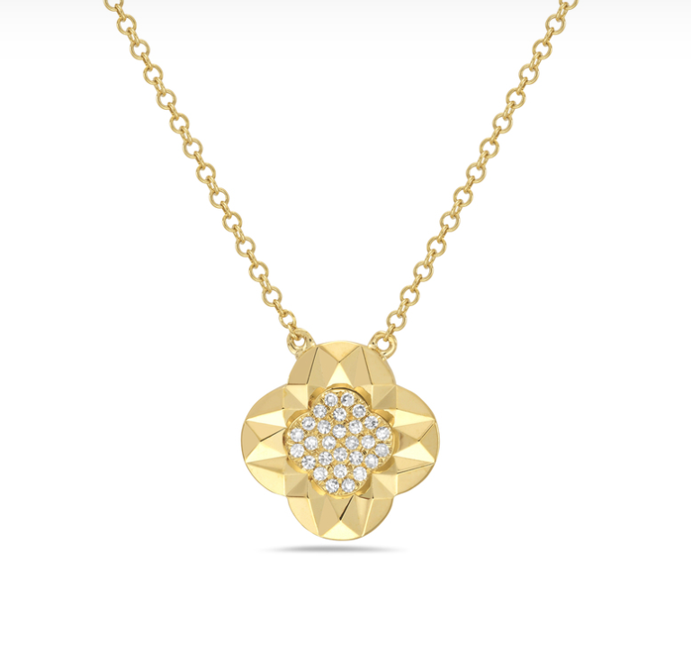 14k Yellow Gold Faceted Flower with Pave Diamond Center Necklace (I9552)
