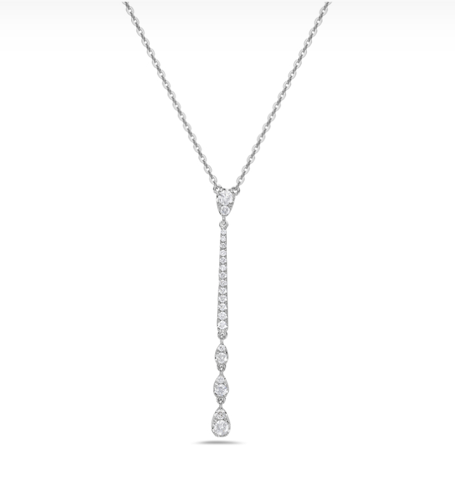 14k White Gold Graduating Diamond Vertical Bar & Pods Y Necklace (I9619)