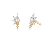 Load image into Gallery viewer, Earscapes - 14k Yellow Gold Pearl &amp; White Sapphire Half-Star Earrings (I9231)
