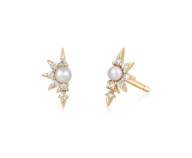 Earscapes - 14k Yellow Gold Pearl & White Sapphire Half-Star Earrings (I9231)