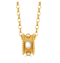 Load image into Gallery viewer, 18k Yellow Gold 'Justinian' Beaded Edged Cabochon Clear Quartz/Mother of Pearl Doublet Pendant (I0138)
