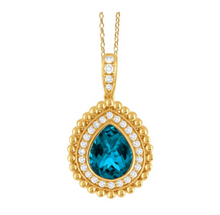 Load image into Gallery viewer, 18k Yellow Gold &#39;Justinian&#39; London Blue Topaz &amp; Diamond Pear Shaped Beaded Pendant on Beaded Chain (I9034)
