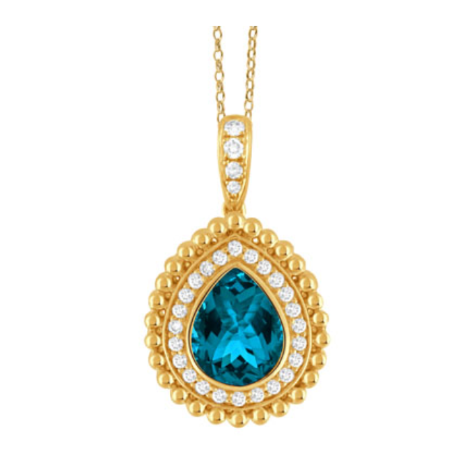 18k Yellow Gold 'Justinian' London Blue Topaz & Diamond Pear Shaped Beaded Pendant on Beaded Chain (I9034)