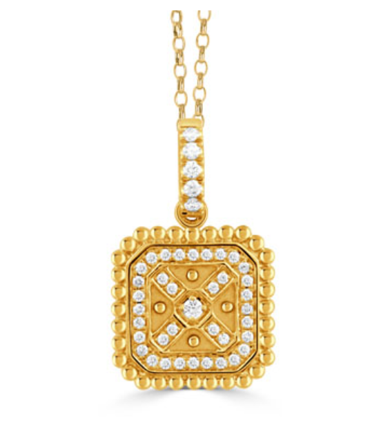 18k Yellow Gold Byzantine Satin Finish Beaded Edged Diamond Necklace (I9566)