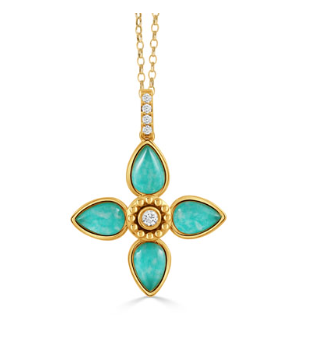 18k Yellow Gold Diamond Pendant w/ Floral Shaped Cabochon Clear Quartz over Amazonite (I9692)
