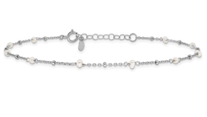 Sterling Silver Rhodium Plated Freshwater Cultured Pearl Anklet (SI8083)