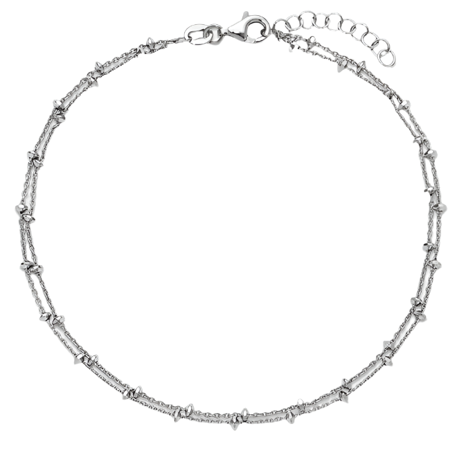 Sterling Silver Rhodium Plated Double Strand Beaded Station Anklet (SI8020)