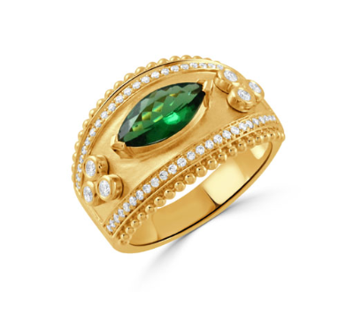 18k Yellow Gold Beaded Edged, Bezel & Pave Set Diamonds w/ Marquise Tsavorite Ring (I9693)