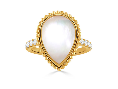 18k Yellow Gold Diamond Ring w/ Cabachon Cut Clear Quartz over Mother of Pearl (I7492)