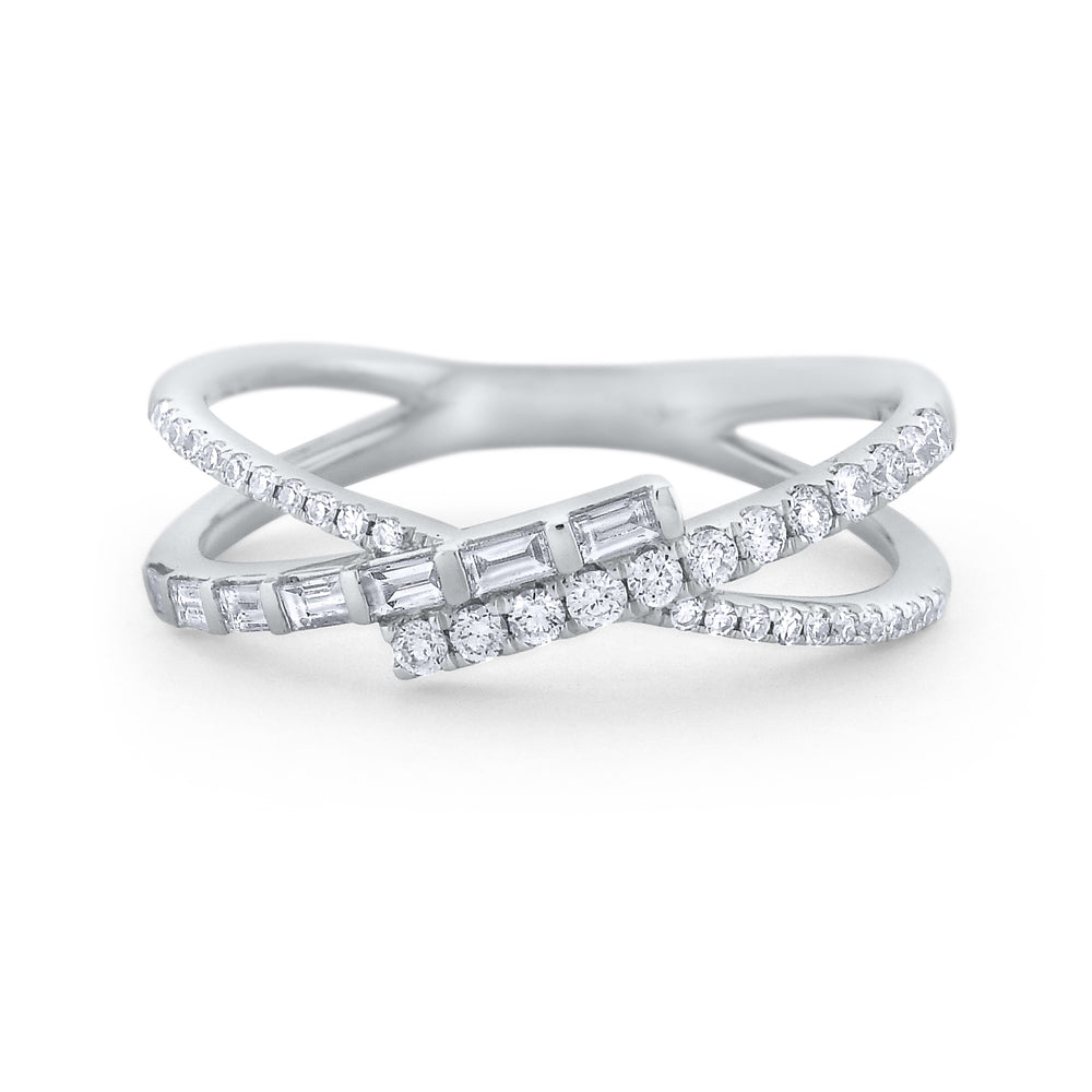 14k White Gold Baguette & Pave Diamond Crossover Ring (I6652)