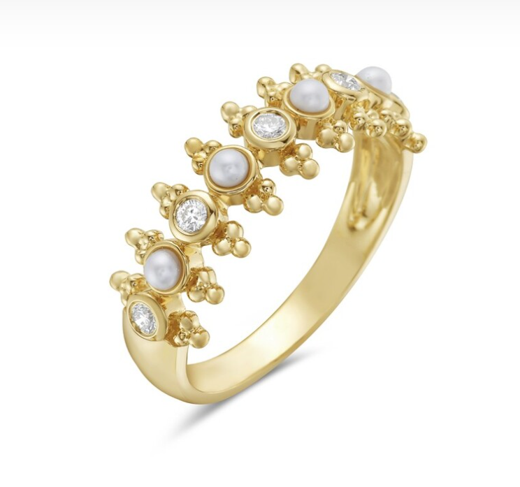 14k Gold Freshwater Pearl & Diamond Beaded Point Ring