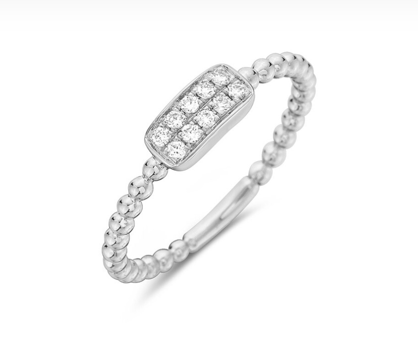14k Gold Pave Diamond Rectangle Beaded Band Ring