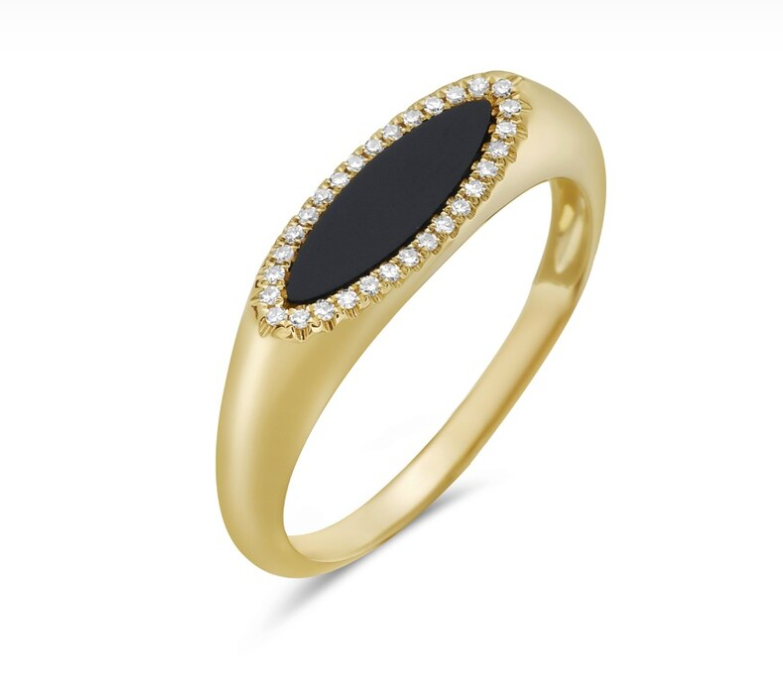 14k Yellow Gold Marquise Onyx & Pave Diamond Ring (I9610)