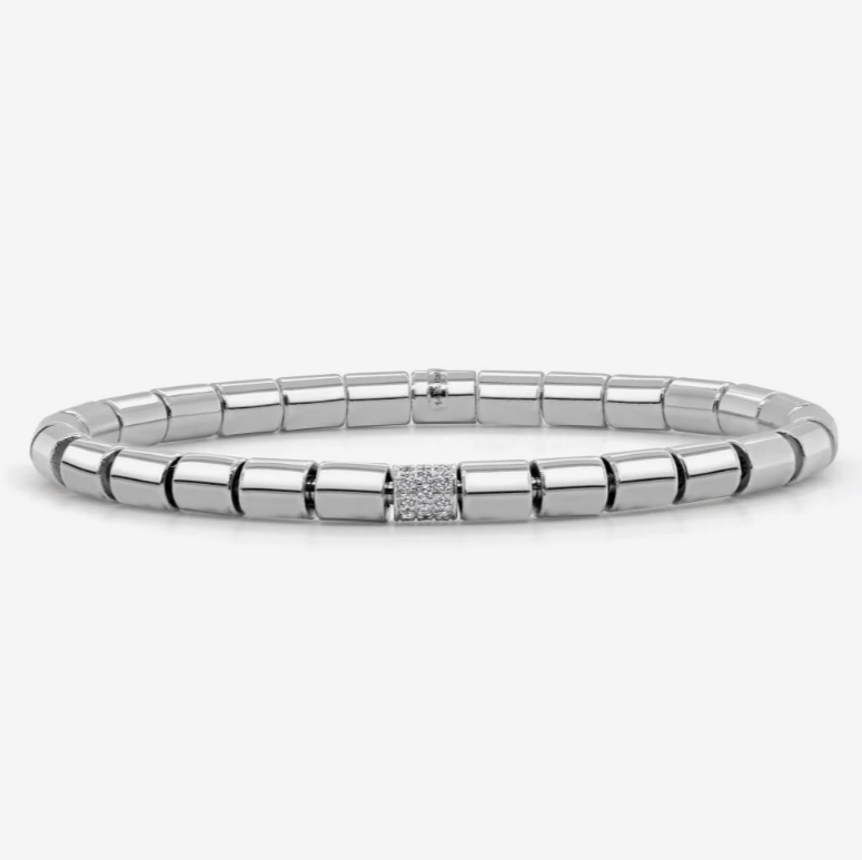 14k White Gold 5mm Solid & Diamond Barrel Stretch Bracelet (I9126)