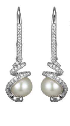 Rhodium Plated Sterling Silver Freshwater Pearl CZ Swirl Earrings (SI8122)