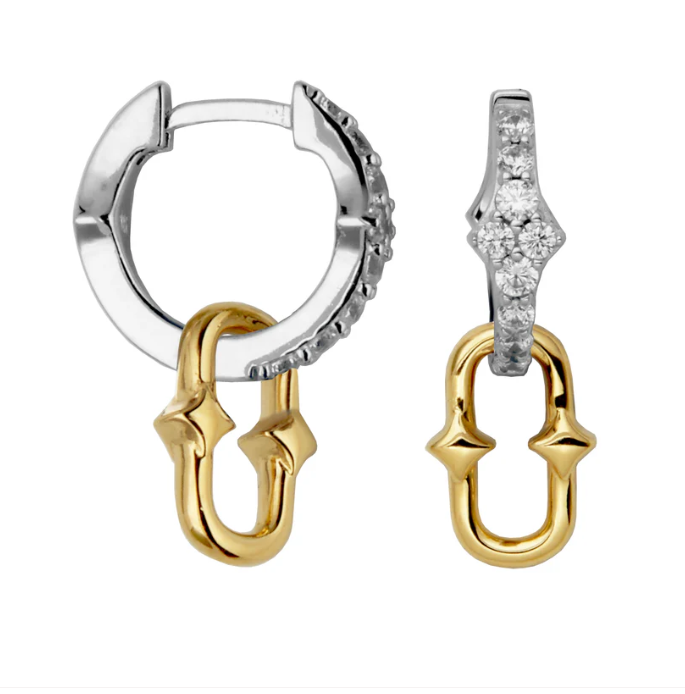 Rhodium Plated Sterling Silver & Gold Plated Fancy Paperclip & CZ Link Huggie Hoop Earrings (SI8118)