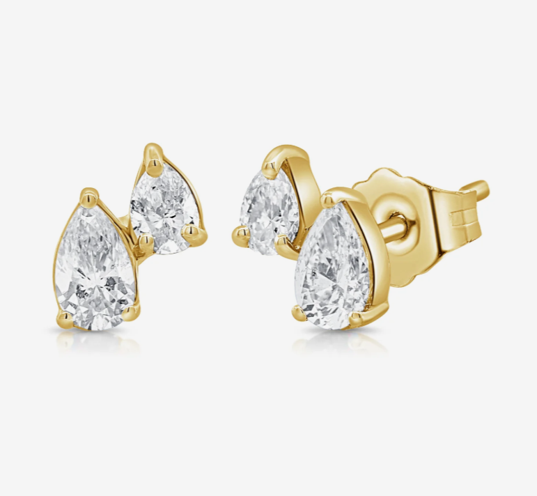 14k Yellow Gold Two-Stone Pear Shaped Diamond Stud Earrings (I9779)
