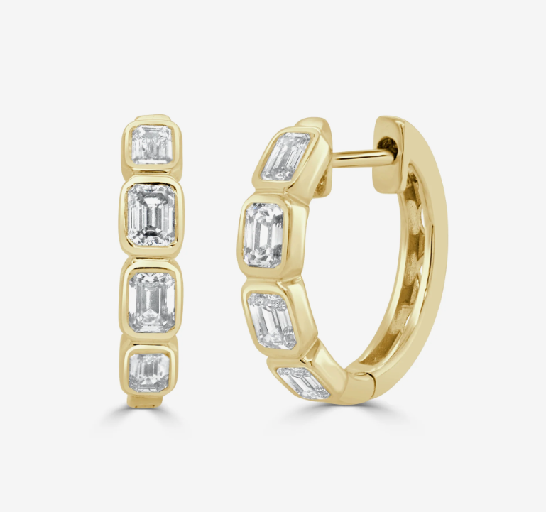 14k Yellow Gold Emerald Cut Diamond Bezel Huggie Hoop Earrings (I9774)