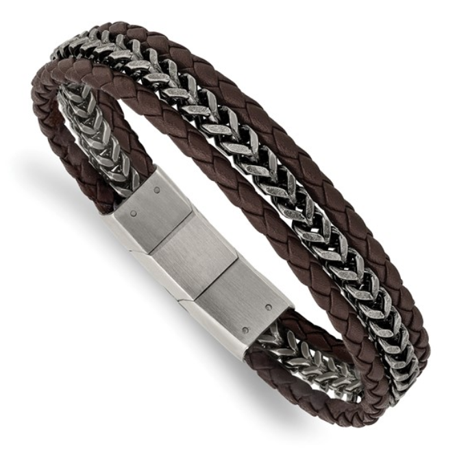 Men's Stainless Steel Antiqued and Brushed Multi Strand Chain and Brown Leather Bracelet (SI3598)