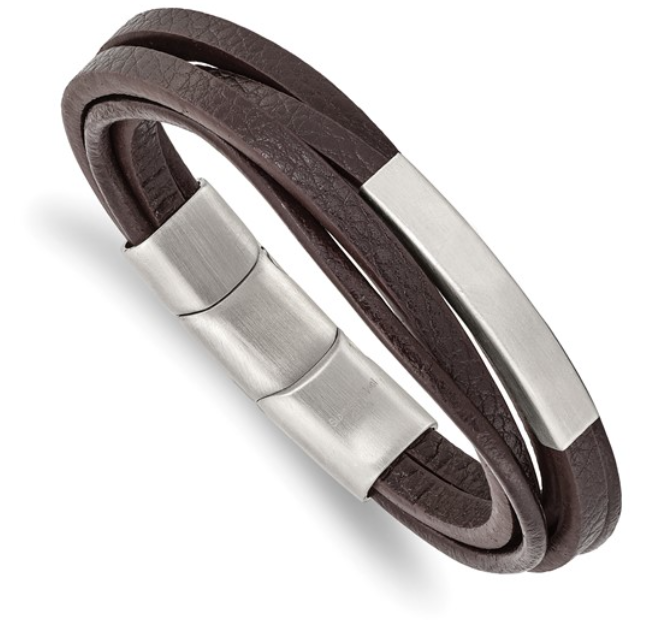 Men's Stainless Steel Brushed Multi Strand Brown Leather Bracelet (SI3600)