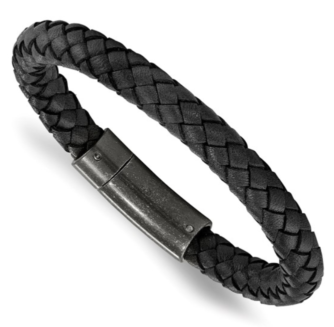 Gentlemen's Stainless Steel Brushed Black Braided Leather Bracelet (SI3605)