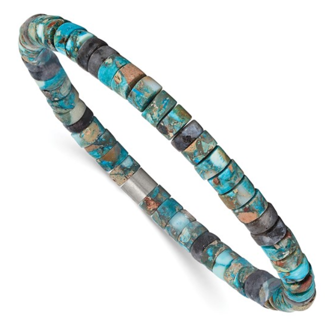 Unisex Stainless Steel Brushed Blue Sediment and Black Spectrolite Beaded Stretch Bracelet (SI3610)