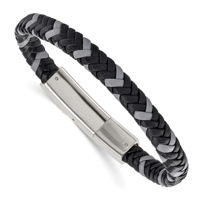 Men's Stainless Steel Polished Black and Grey Braided Leather Bracelet (SI3618)