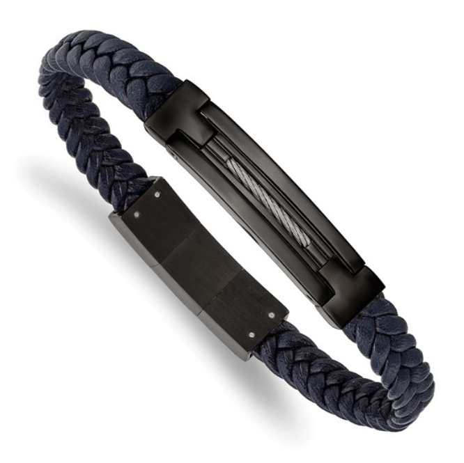 Men's Stainless Steel Polished Black Plated Navy Blue Braided Leather Bracelet (SI3620)
