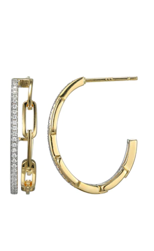 Two Tone Pave CZ & Paperclip Chain Hoop Earrings (SI5210)