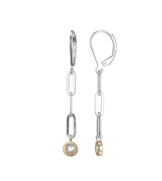 Two Tone Sterling Silver Paperclip Earrings with CZ Bezel Drop (SI5211)