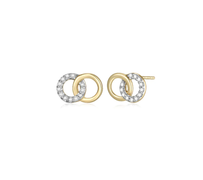 14k Yellow Gold Double Diamond Circle Petite Stud Earrings (I8350)