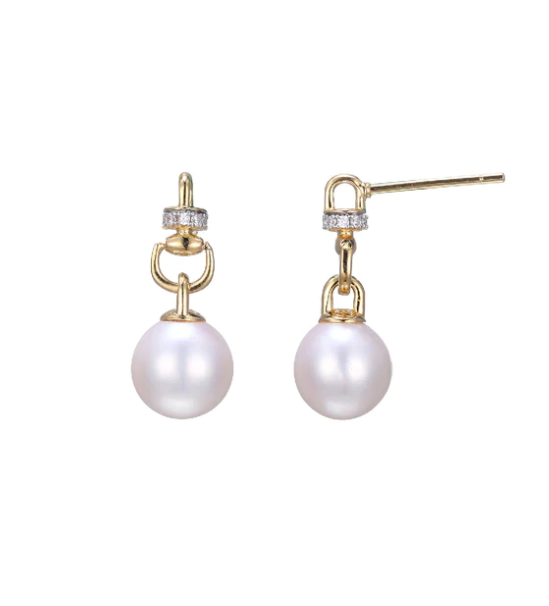 Gold Plated Freshwater Pearl CZ Drop Earrings (SI5235)