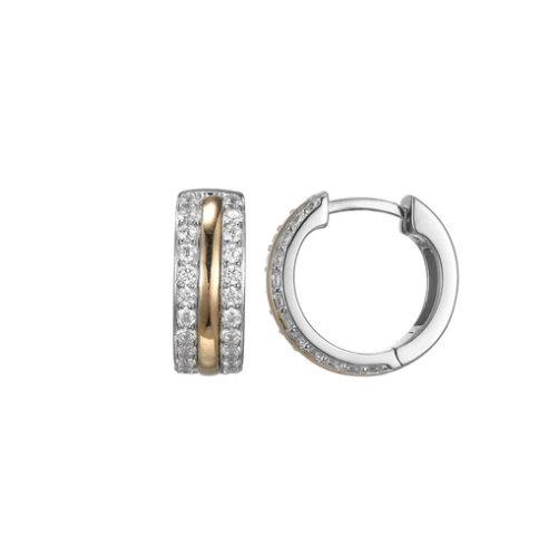 Two Tone Sterling Silver Pave CZ Hoop Earrings (SI5239)