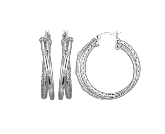 Sterling Silver Crossover Double Hoop Earrings w/ CZs (SI5241)