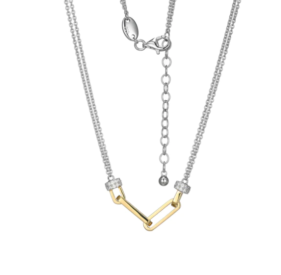 Sterling Silver Double Chain & Gold Plated Paperclip Link Necklace (SI5263)