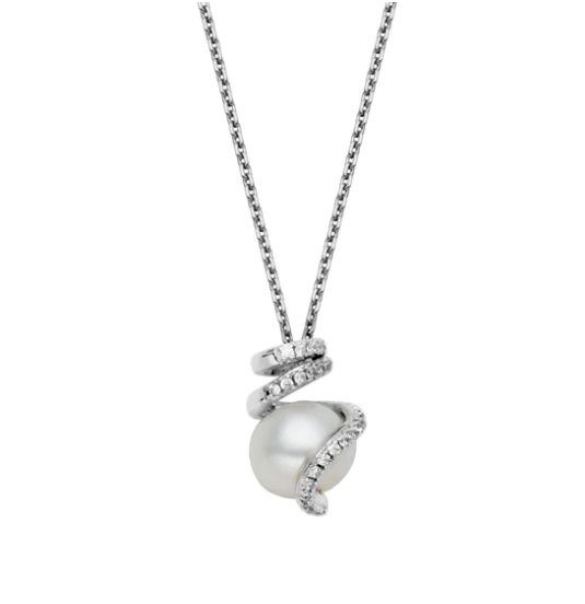Sterling Silver Freshwater Pearl CZ Swirl Necklace (SI5267)