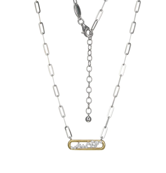 Sterling Silver & Scattered CZ Gold Paperclip Necklace (SI5269)