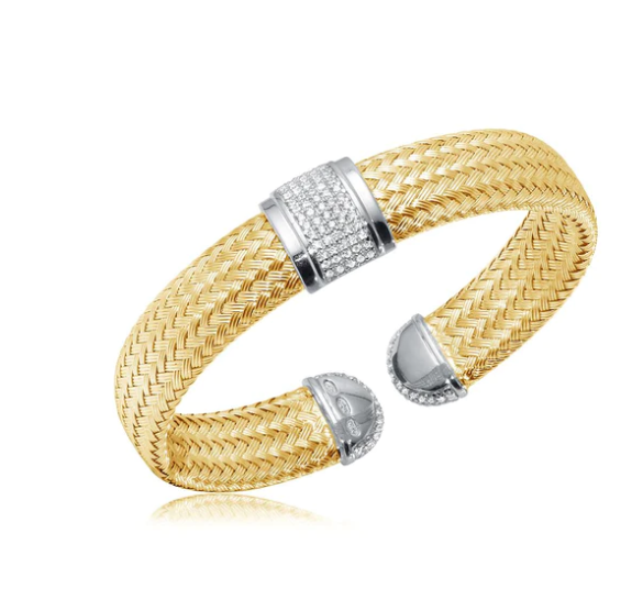 Gold Plated Mesh Reversible Wide Cuff w/ CZs (SI5273)