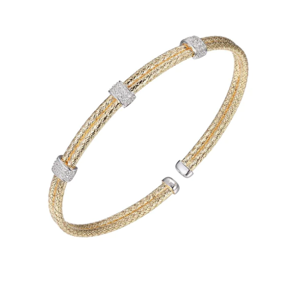 Gold Plated Double Mesh Flex Cuff with Pave CZ Caps (SI5275)