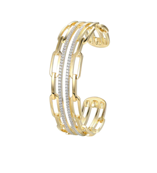 Gold Plated Paperclip & CZ Row Cuff Bracelet (SI5287)