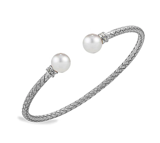 Sterling Silver or Gold Plated Mesh Flex Cuff Bracelets w/ Pearl Endcaps (SI5299 & SI5279)