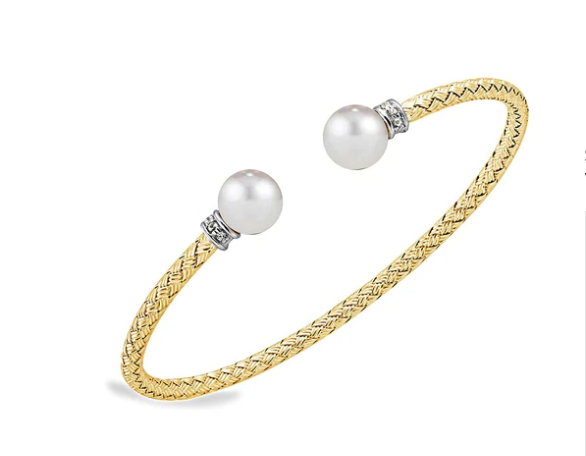 Sterling Silver or Gold Plated Mesh Flex Cuff Bracelets w/ Pearl Endcaps (SI5299 & SI5279)