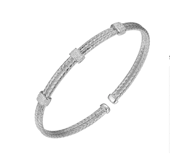 Sterling Silver Double Mesh Flex Cuff with Pave CZ Caps (SI5306)