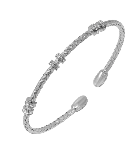 Sterling Silver Double CZ Rondelle Flex Cuff Bracelet w/ CZ Endcaps (SI5309)