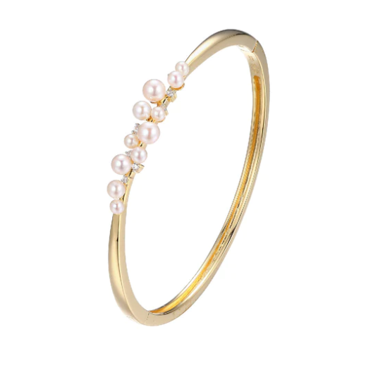 Gold Plated Scattered Freshwater Pearl & CZ Bangle Bracelet (SI5326)