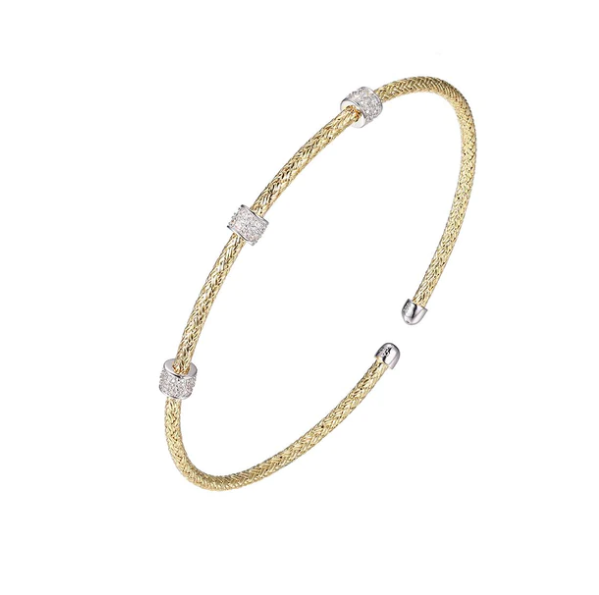 Gold Plated Mesh Flex Cuff Bracelet w/ Three CZ Rondelles (SI5328)