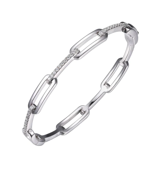 Sterling Silver Paperclip CZ Bangle Bracelet (SI5329)