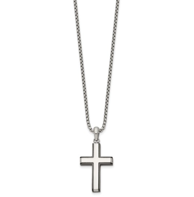 Stainless Steel & Black Enamel Cross on Box Chain Necklace (I7055)