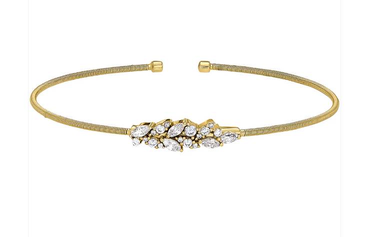 Kelly Waters Gold Plated Sterling Silver Simulated Diamond Leaf Cable Cuff Bracelet (SI7920)