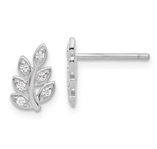 Sterling Silver Rhodium Plated CZ Leaf Stud Earrings (SI7930)